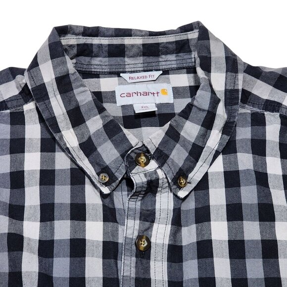 Carhartt Mens Relaxed Fit Black & Gray Plaid Button-Up Shirt 2XL Cotton‎ - Picture 1 of 7
